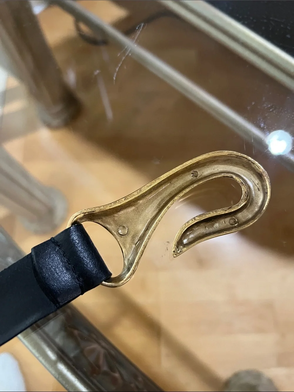Chico's Black Genuine Leather Belt with Sculpted Gold Hook